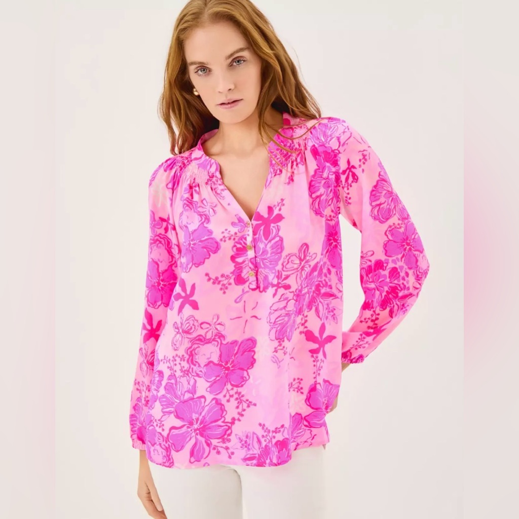 Lilly Pulitzer Elsa Silk Top Parigi Pink Supporting Squad Long Sleeve Xxl Nwt